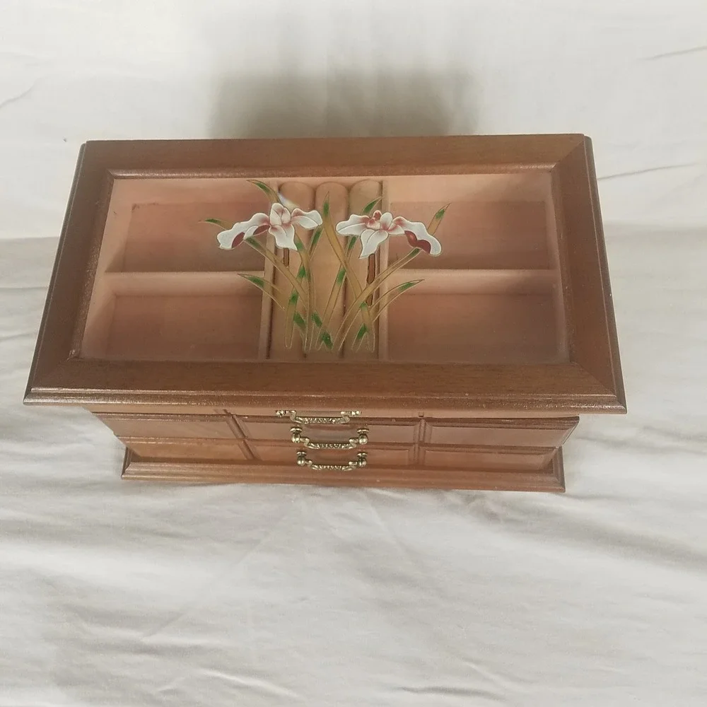 Vintage Wooden Jewelry Box Organizer Brown Excellent Floral Glass 2-drawers